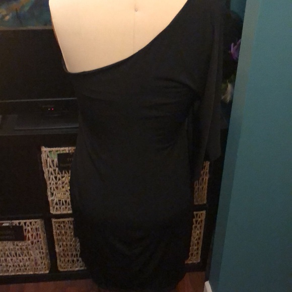 Bisou Bisou Sz8 one shoulder black diamond peacock dress. Blk cocktail mini - Picture 4 of 7